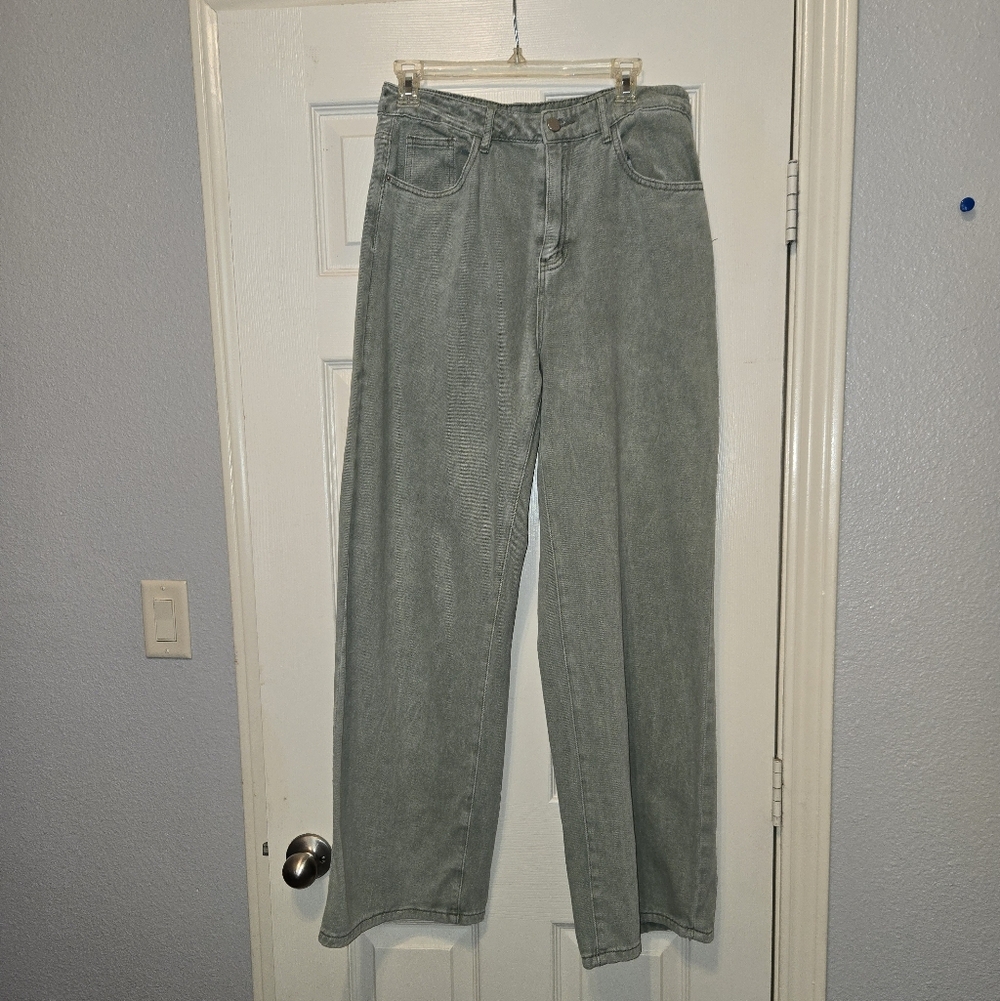 SHEIN Washed Sage Green Wide-Leg Jeans